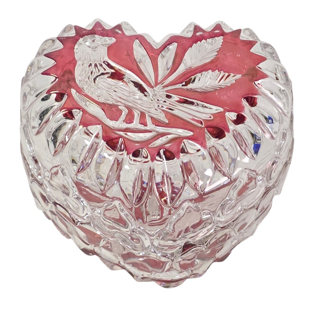 Hofbauer Ruby Byrdes Heart Trinket Box 4.2" Crystal Cut Bird 2pc Set Germany EUC